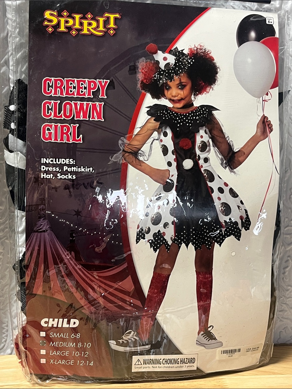 Spirit Halloween Creepy Clown Girl Costume – Child Size Medium 8-10 Complete Set
